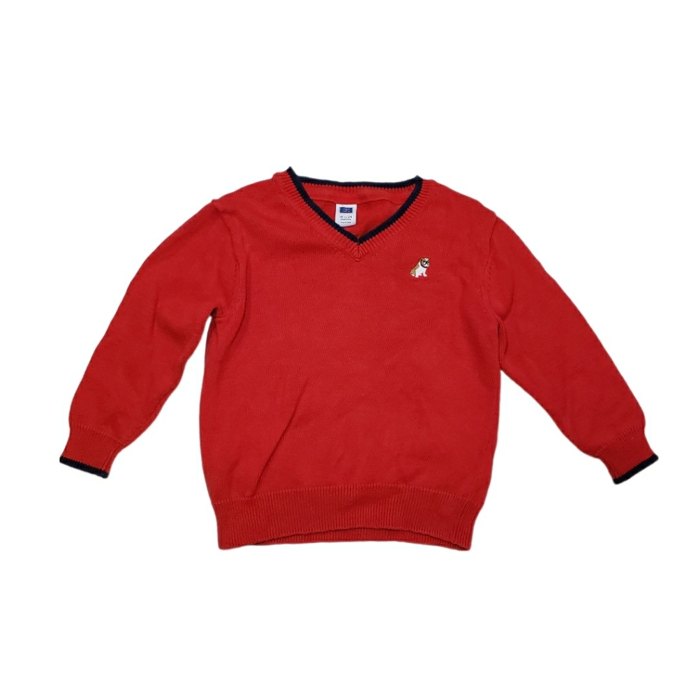 Janie and Jack 18-24m Baby Red V Neck Sweater with Embroidered Dog